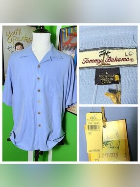 Tommy Bahama 100% Silk Camp Shirt Blue Button Front Mens Large